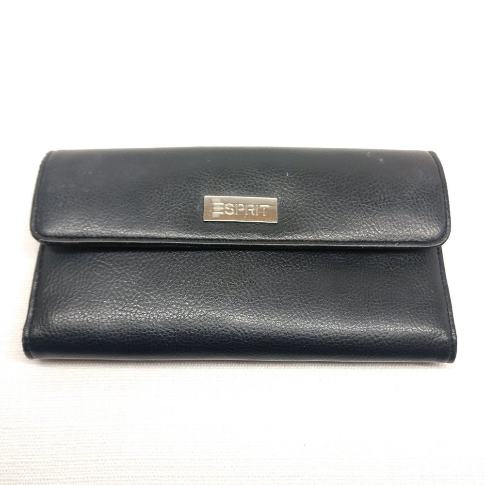 🖤 ESPRIT Black Leather Fold Wallet VTG 90s 12 card holder photo id coin bag